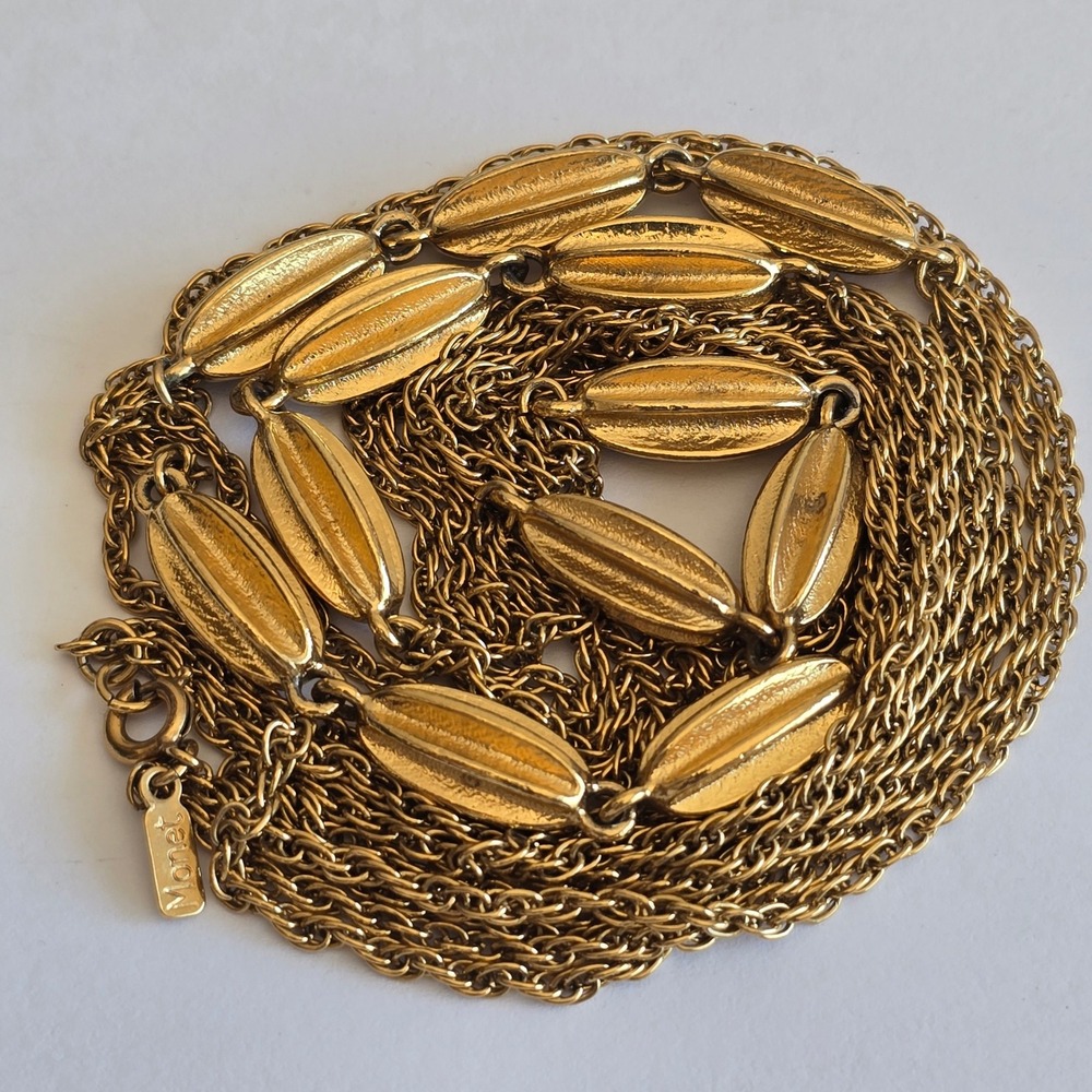 Vintage Monet Chain Necklace Gold Tone 54" Long Single Strand Flapper Opera